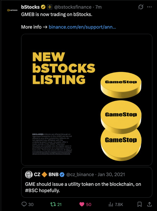 The post from bStocks Finance highlights GMEB (GameStop token) as a new bStocks listing, featuring a "NEW bSTOCKS LISTING" graphic with three GameStop-branded yellow coins, and includes a 2021 tweet from CZ suggesting "GME should issue a utility token on the blockchain, on #BSC hopefully"—tying into the caption's playful jab about the proliferation of utility tokens.