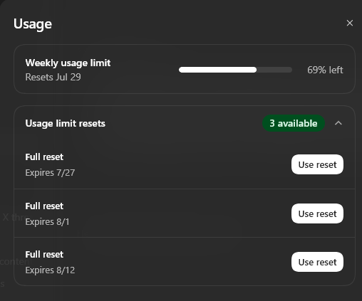A dark-themed "Usage" dashboard shows a weekly usage limit with 69% remaining, resetting on Jul 29, along with three available full reset credits expiring on 7/27, 8/1, and 8/12 — reflecting the request for limit resets to extend ChatGPT usage.
