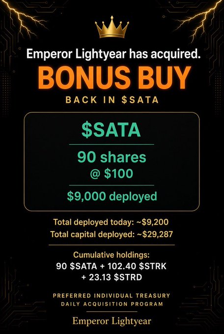 A promotional graphic titled "Emperor Lightyear has acquired BONUS BUY BACK IN $ATA," detailing a purchase of 90 $ATA shares at $100 totaling $9,000, with cumulative holdings of $ATA, $STRK, and $STRD.