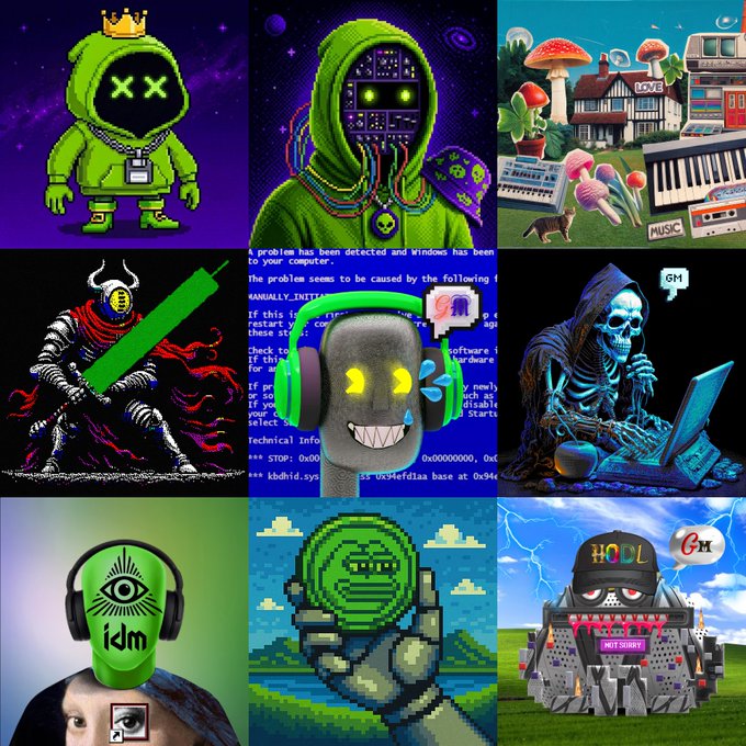 A 3x3 grid collage of various digital and AI-generated artwork featuring characters, a robot, a skull, and pixel art.