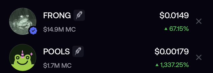 The image displays a crypto tracking interface showing two memecoins: FRONG with a $14.9M market cap at $0.0149 (up 67.15%), and POOLS with a $1.7M market cap at $0.00179 (up a massive 1,337.25%). This visually supports the post's claim about capital rotation from $FRONG to $POOLS, highlighting POOLS' dramatic price surge as traders shift focus between the two potential launchpad candidates.