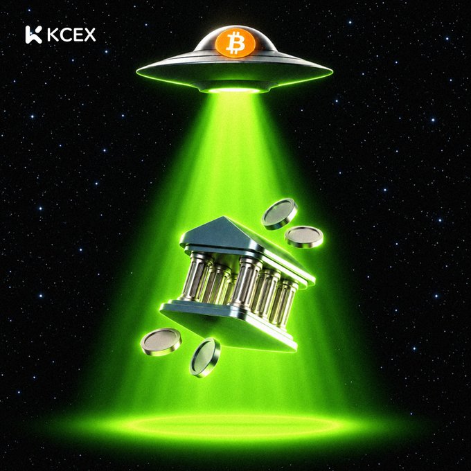 A 3D-rendered graphic featuring a UFO with a Bitcoin logo beaming green light down onto a floating bank building, with the 'KCEX' logo in the top left corner.