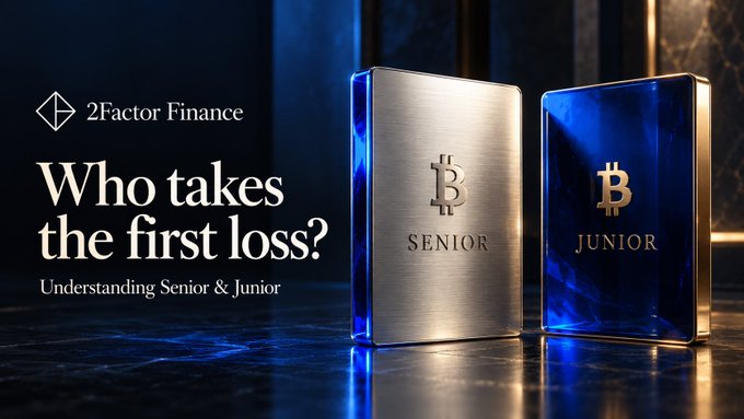 A promotional graphic for '2Factor Finance' asking 'Who takes the first loss?' and subtitled 'Understanding Senior & Junior', showing two metallic blocks labeled 'SENIOR' and 'JUNIOR' with Bitcoin logos.