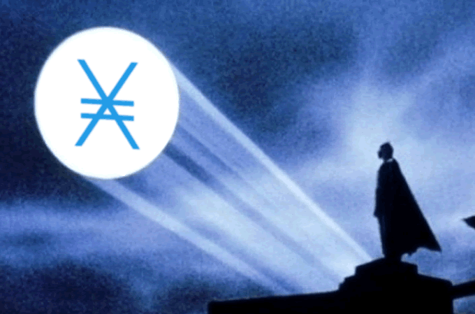 A surreal blue-tinted image of a caped figure standing on a rooftop silhouetted against a night sky with a large white moon, overlaid with a blue circular logo featuring a stylized geometric character symbol.