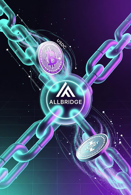A promotional graphic for 'ALLBRIDGE' showing glowing blue and purple chains connecting cryptocurrency coins, including Bitcoin, USDC, and Tether, against a dark background.
