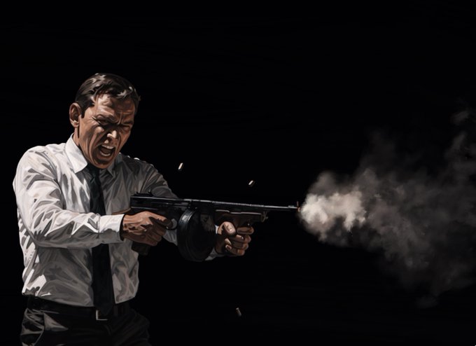 The image features a man dressed in a suit, holding a gun and pointing it at something. The background of the image is black, which contrasts with the white shirt worn by the man. There are no other objects or people visible in the scene. The caption provided seems unrelated to the main subject matter of the image.