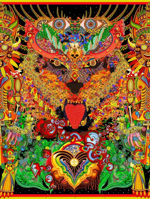 A highly detailed, symmetrical psychedelic illustration featuring vibrant reds, greens, and yellows, depicting intricate tribal patterns, a central red heart, butterflies, and mandala-like designs.