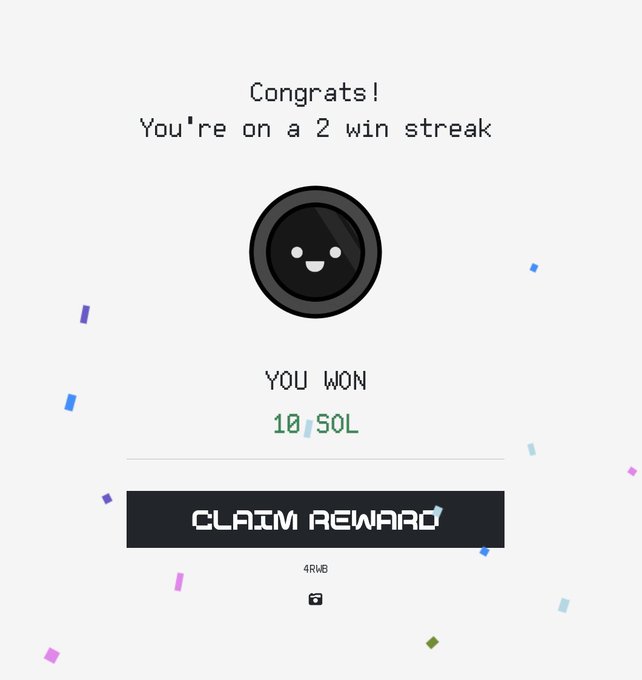 A pixel-art victory screen displays "Congrats! You're on a 2 win streak" with a happy black coin character and "YOU WON 10 SOL" above a "CLAIM REWARD" button, suggesting the user recently won 10 SOL (worth approximately 4 RMB) likely from a prediction game or betting platform. This relates to the Twitter comeback announcement promising to give away 5 SOL in comments and 5 SOL in Discord.