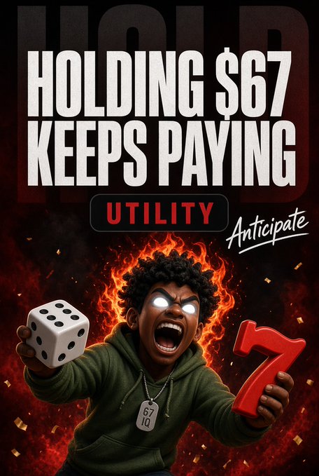 An advertisement featuring an animated character surrounded by flames holding a die and a red 7, with text reading 'HOLDING $67 KEEPS PAYING', 'UTILITY', and 'Anticipate'.