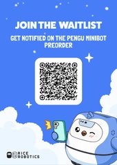An advertisement featuring a QR code with the text 'JOIN THE WAITLIST, GET NOTIFIED ON THE PENGU MINIBOT PREORDER' and 'ICE ROBOTICS' branding.