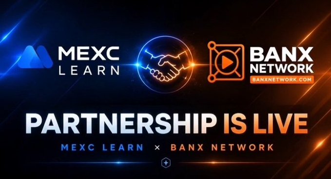 A promotional graphic announcing 'PARTNERSHIP IS LIVE' between MEXC LEARN and BANX NETWORK (BANXNETWORK.COM), featuring a handshake icon between the two company logos.