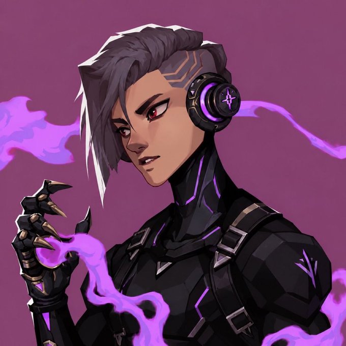 A digital art portrait of a cyborg or cyberpunk character with purple hair, red eyes, and mechanical arms, surrounded by purple energy flames against a purple background.