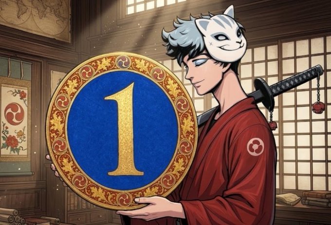 An anime-style illustration of a white-haired character in a red kimono wearing a white mask, holding a large blue and gold coin with the number '1'.