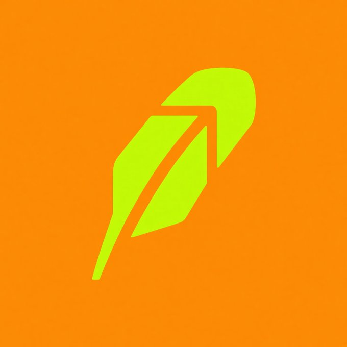 A stylized yellow-green feather icon sits centered on a bright orange background. The image appears to be the Robinhood logo, tying into the post's reference to users migrating their data and Ordinals collections to the Robinhood platform.