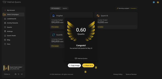 The image shows a screenshot of a computer screen displaying a Quack app logo with a gold wing design, situated on the upper right corner. The text displayed in the app's settings window reveals that Quack is a "random variable," meaning that the earned Quack amount can vary each day and is not predictable or controlled by any outside factors.