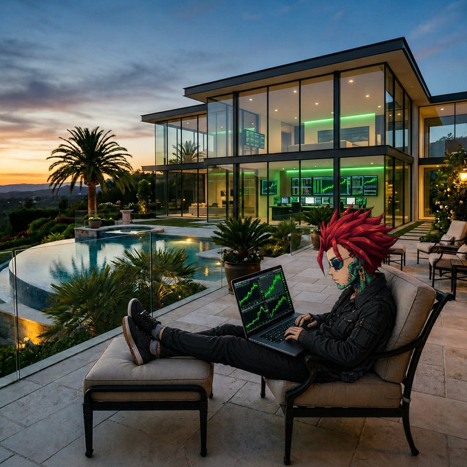 An AI-generated image of a person with red dreadlocks and sunglasses using a laptop showing trading charts, reclining on a patio overlooking a pool and a modern house at sunset.