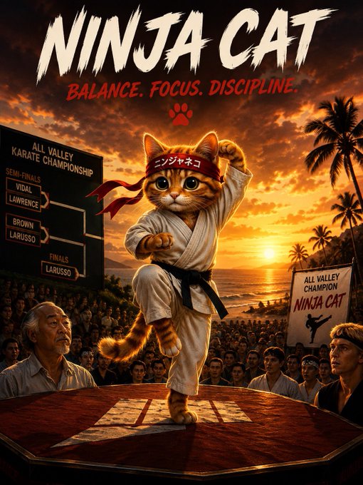 A movie poster-style illustration titled "NINJA CAT" with the tagline "BALANCE. FOCUS. DISCIPLINE." featuring an orange tabby cat in a karate gi and red headband posing on an octagonal mat at the All Valley Karate Championship.