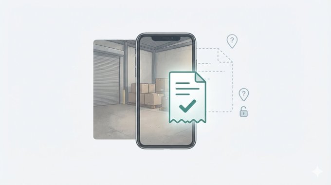 An illustrated graphic showing a smartphone displaying a warehouse with cardboard boxes, overlaid with a green document icon and small question mark and lock icons, suggesting a digital storage or rental agreement.