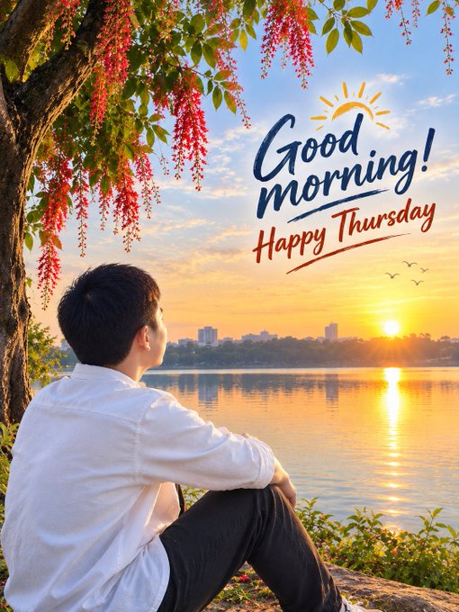 A 'Good Morning! Happy Thursday' greeting graphic showing a young man sitting on rocks by a lake at sunrise, framed by hanging red flowers from a tree above.