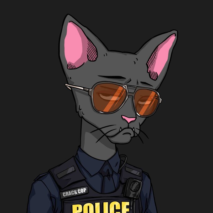 An anthropomorphic cat with black fur and pink ears, wearing sunglasses and a vest labeled "CRACK COP" and "POLICE," stoically poses against a dark background. The image fits with the post's "Corrupt Police" theme, combining the edgy feline character with a giveaway wheel promotion.