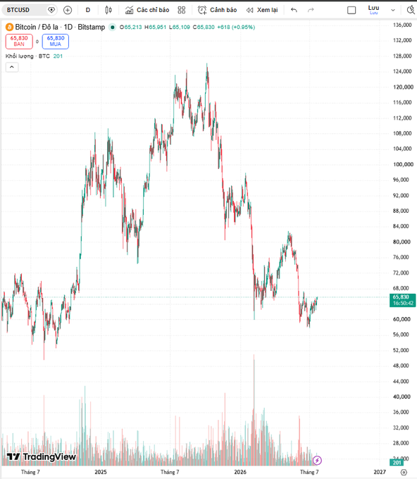A TradingView daily candlestick chart of BTC/USD showing Bitcoin's price recovery, currently trading at $65,830 with a 0.05% gain, after adjusting back to the $58,000–$60,000 range and now fluctuating around $64,000–$65,500. The chart illustrates the recent ~5% weekly price increase mentioned in the post, with green and red candles depicting the recent upward momentum from lower levels.