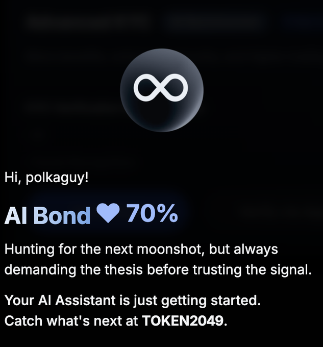 An AI assistant interface greeting 'polkaguy' with an 'AI Bond 70%' score and text mentioning hunting for the next moonshot and an upcoming TOKEN2049 event.