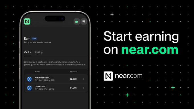 A promotional image for near.com showing a mobile app interface for earning through vaults and staking, with options like Gauntlet USDC and Tater USDC.