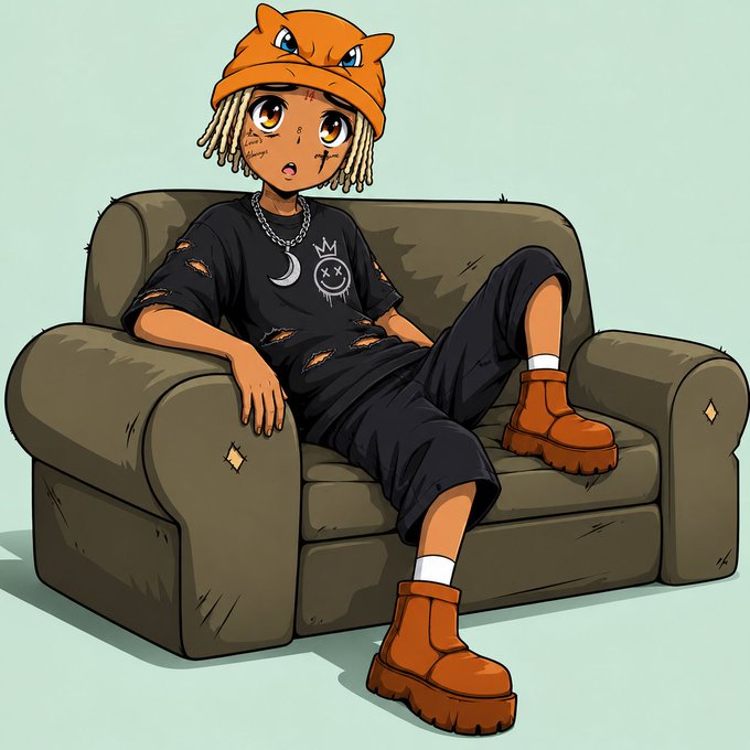 An anime-style illustration of a young person wearing an orange cat-eared beanie, a black ripped shirt, and an X-eyed moon pendant, resting on a worn-out olive-green armchair with one foot propped up.