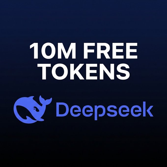 Promotional graphic with white text reading "10M FREE TOKENS" above the blue Deepseek whale logo on a dark gradient background.