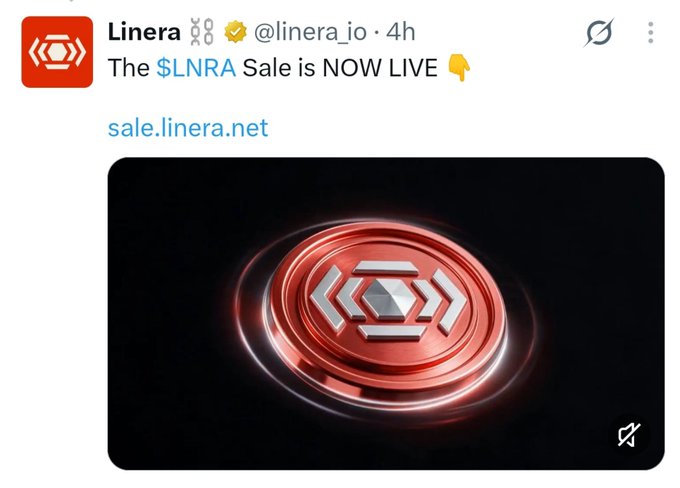 A Twitter/X post from Linera (@linera_jo) announcing 'The $LNRA Sale is NOW LIVE' with a link to sale.linera.net and an image of a red 3D token featuring the Linera logo.