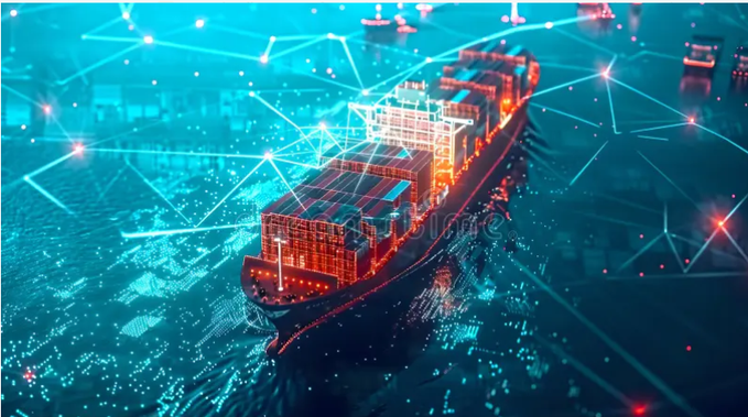 A digital illustration of a cargo ship overlaid with glowing network connection lines, representing global logistics and blockchain technology.