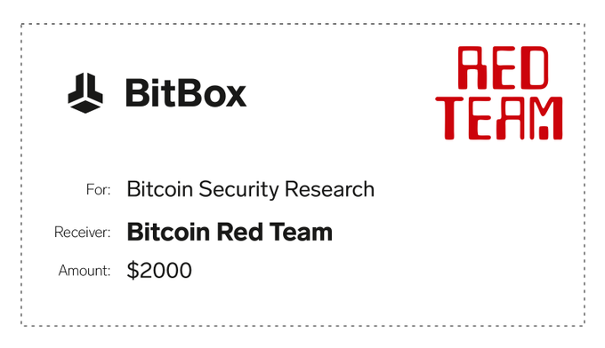 A BitBox-branded voucher for $2000, designated for Bitcoin Security Research and issued to the Bitcoin Red Team, accompanies a post announcing that proceeds from Bitcoin Whitepaper booklet sales will fund the cypherpunk group known as Bitcoin Red Team.