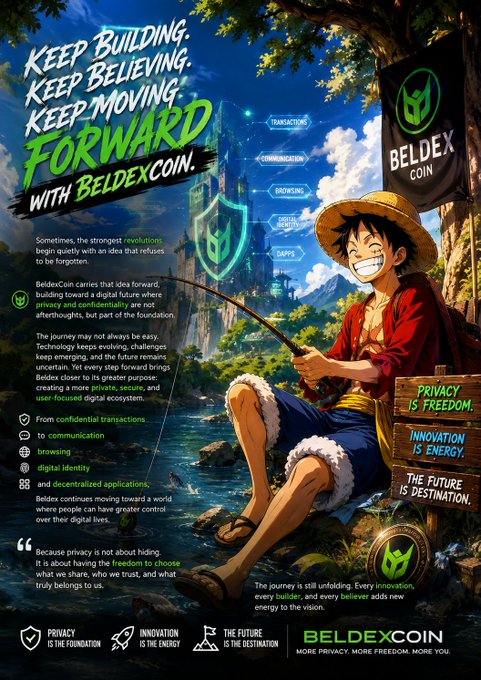 A promotional poster for 'BELDEXCOIN' features an anime-style character fishing, with the slogan 'KEEP BUILDING. KEEP BELIEVING. KEEP MOVING FORWARD.' and themes of privacy and digital identity.
