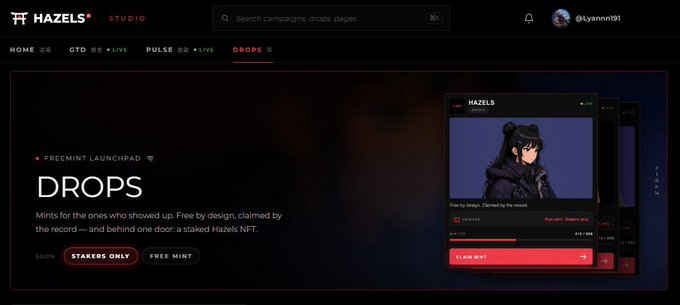 A screenshot of the Hazels Studio website featuring a 'DROPS' section for a Freemint Launchpad NFT collection, with buttons for 'STAKERS ONLY' and 'FREE MINT' next to a preview of a dark-haired anime-style character NFT.