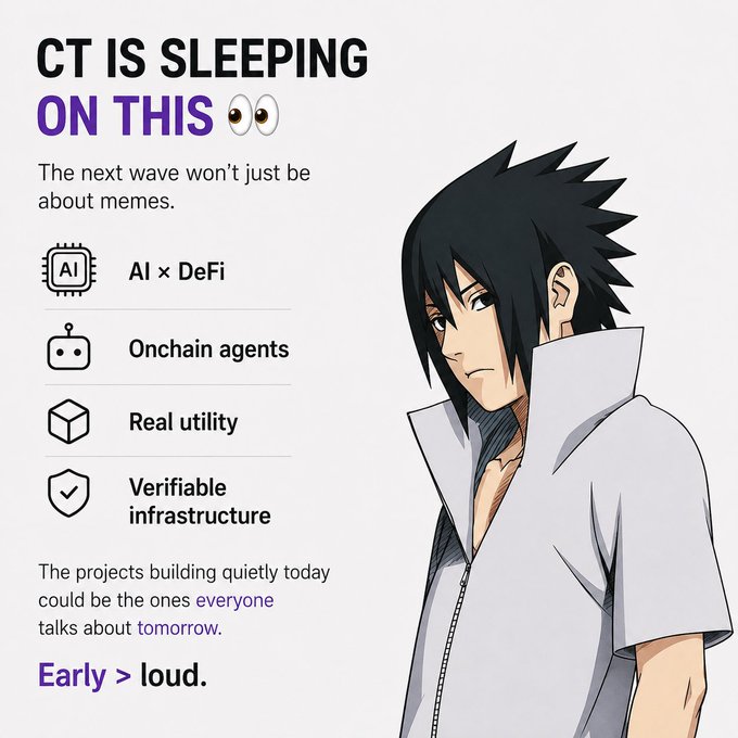 An informational graphic with anime-style art titled 'CT IS SLEEPING ON THIS' lists four crypto trends: AI x DeFi, Onchain agents, Real utility, and Verifiable infrastructure, with the tagline 'Early > loud.'