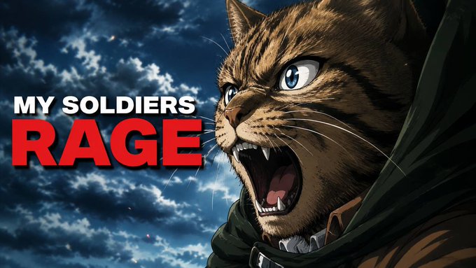 An anime-style cat with an intense, roaring expression appears alongside the bold text "MY SOLDIERS RAGE," set against a dramatic cloudy sky—visually conveying the emotional turmoil of holding $MOG through its volatile journey from a $2.3M market cap to a $2.6M ATH. The fierce, battle-ready imagery mirrors the poster's frustration and determination despite enduring multiple pumps, dumps, and swings.