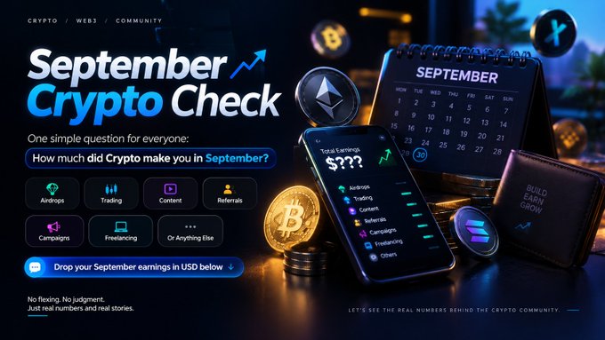 A promotional graphic for 'September Crypto Check' asking 'How much did Crypto make you in September?' with categories including Airdrops, Trading, Content, Referrals, Campaigns, Freelancing, and Others, featuring Bitcoin and Ethereum imagery with a phone displaying earnings.