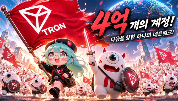 A TRON crypto promotional banner featuring anime-style characters holding TRON flags with Korean text reading '4억개의 제정! 다음을 향한 하나의 네트워크!' (400 million established! One network toward the next!).