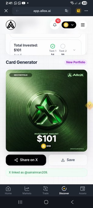 A mobile screenshot of the AlloX app (app.allox.ai) showing a 'Card Generator' with a green 'NEW PORTFOLIO' NFT design, an 'INVESTMENT AMOUNT' of '₿101' in BNB, and 'Total Invested: $101' across Task 1 and Task 2.