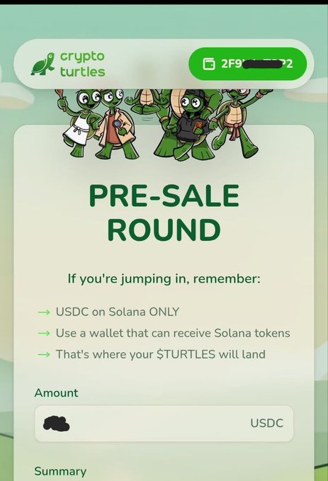 A promotional image for the "$TURTLE" token presale on buy.cryptoturtles.com, featuring a "PRE-SALE ROUND 1" banner and instructions to buy with ETH or USDT, supporting the post's call to participate in the presale.