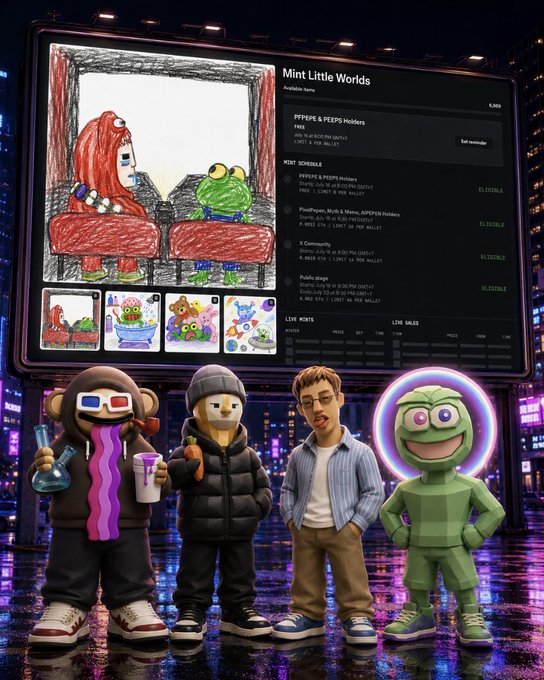 A 3D-rendered nighttime city scene showing four stylized characters—a monkey with 3D glasses, a duck in a puffer jacket, a young man, and a green figure—standing before a billboard advertising 'Mint Little Worlds' NFT collections.