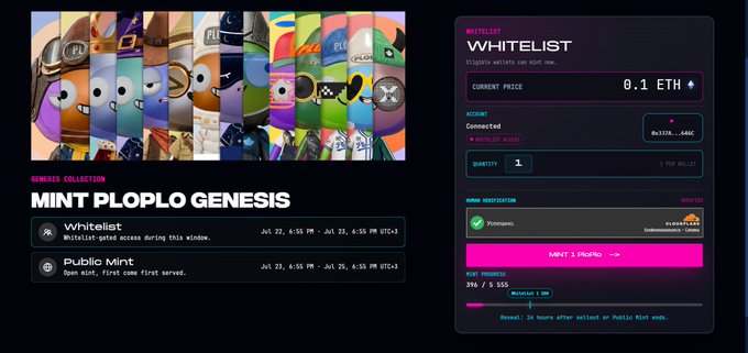 The image shows an NFT minting interface for the "Mint Ploplo Genesis" collection, priced at 0.1 ETH with a quantity of 1 selected and a connected wallet. It supports the post by displaying the mint details for the @0xploplo collection's whitelist and public mint sale, which users can participate in during the specified dates of July 22-25.
