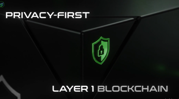 A dark promotional graphic with the text 'PRIVACY-FIRST' at the top left, a green shield icon with a lock symbol in the center, and 'LAYER 1 BLOCKCHAIN' at the bottom, set against a geometric black background.