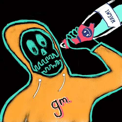 A stylized illustration of a skeletal figure in an orange hoodie with the text "9m." on the chest, drinking from a water bottle labeled "MEHAT" with a red and pink glove.