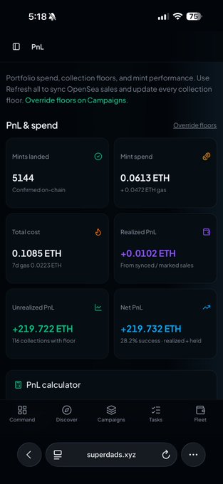 A mobile screenshot of a PnL dashboard on superdads.xyz displaying crypto NFT portfolio metrics, including 5,144 mints landed, 0.0613 ETH mint spend, and an unrealized profit of +219.722 ETH across 116 collections with floor price. The post's hope for someone to "sweep one of these collections" aligns with the dashboard's prominent unrealized gains, suggesting the user is waiting for a major buyer to trigger a sale.