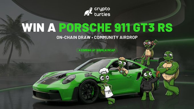 A promotional graphic for "Crypto Turtles" featuring cartoon turtle characters gathered around a bright green Porsche 911 GT3 RS, with bold text announcing "WIN A PORSCHE 911 GT3 RS ON-CHAIN DRAW • COMMUNITY AIRDROP COMING AT 100MLN MCAP," reinforcing the post's $100M market cap milestone message.