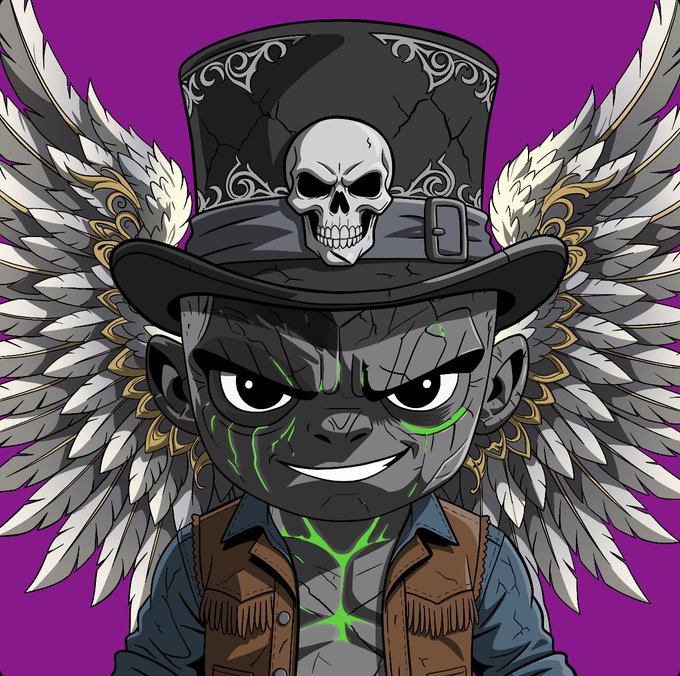 A digital illustration of a menacing gray-skinned character with glowing green cracks, wearing a top hat adorned with a skull, set against a purple background with white feathered wings.