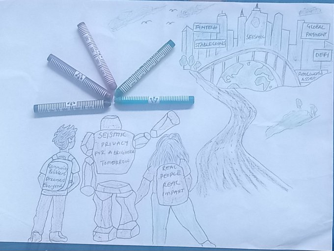 A pencil drawing featuring a cityscape with signs for 'FINTECH', 'STABLECOINS', 'SEISMIC', 'GLOBAL PAYMENT', and 'DEFI', alongside figures labeled 'SEISMIC PRIVACY FOR A BRIGHTER TOMORROW' and 'REAL PEOPLE REAL IMPACT', with colored markers placed on top.