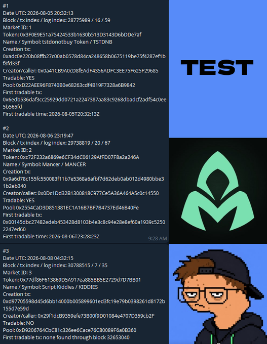 A screenshot showing three onchain token launches from the Stonkbroker Launcher: #1 "TSTDNB" (test token), #2 "MANCER" (~10M FDV), and #3 "KIDDIES" by @scriptkiddiesRH, with the contract address 0xD9206764CbC81c32ee6eCace76C80089F6a08360.