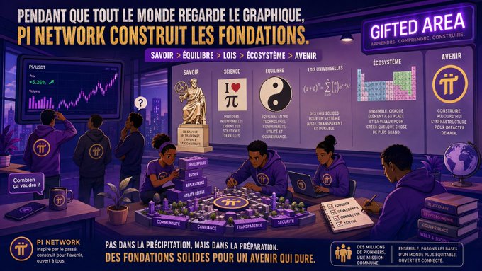A French-language promotional graphic for Pi Network titled "GIFTED AREA" features people studying Pi Network foundations covering knowledge, science, balance, laws, ecosystem, and future, with text "PENDANT QUE TOUT LE MONDE REGARDE LE GRAPHIQUE, PI NETWORK CONSTRUIT LES FONDATIONS."